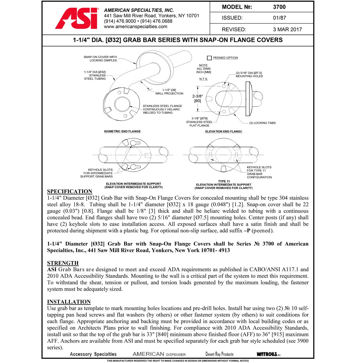 ASI 3701-36 (36 X 1.25) Commercial Grab Bar, 1-1/4" Diameter X 36" Length, Stainless Steel 5 ASI 3701-36 (36 X 1.25) Commercial Grab Bar, 1-1/4" Diameter X 36" Length, Stainless Steel - Image 3