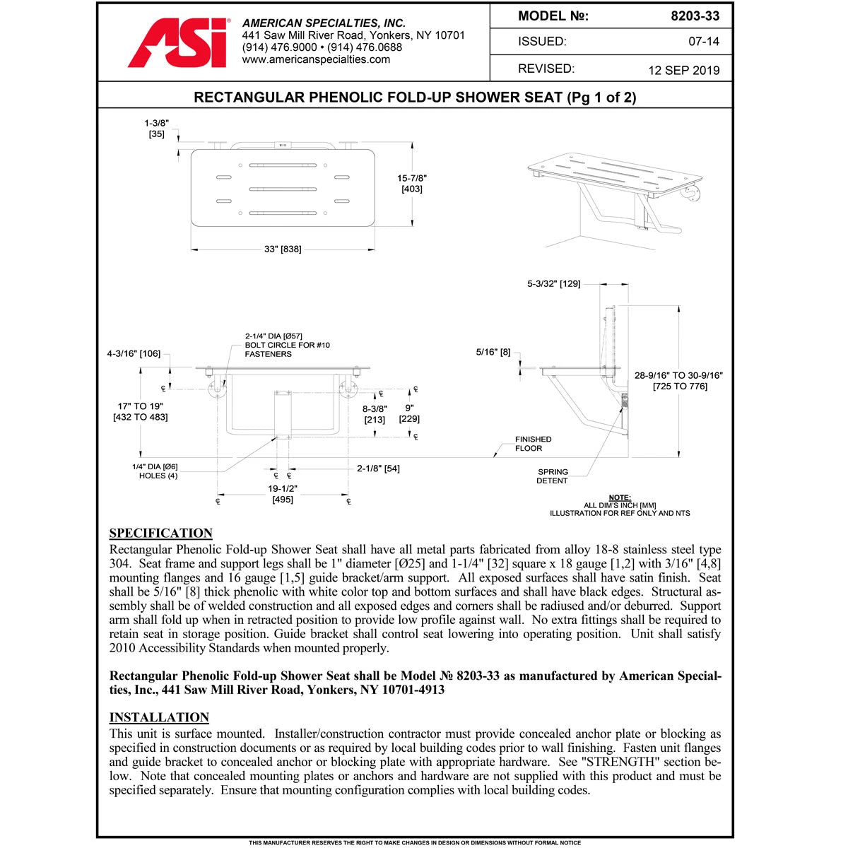 ASI 8203-33 Folding Shower Seat - Rectangular, ADA - Solid Phenolic, White - 33"W 6 ASI 8203-33 Folding Shower Seat - Rectangular, ADA - Solid Phenolic, White - 33"W - Image 4