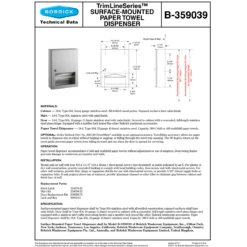 Bobrick B-359039 Commercial Paper Towel Dispenser, Surface-Mounted, Stainless Steel -Alpine shop B 359039 Technical Data