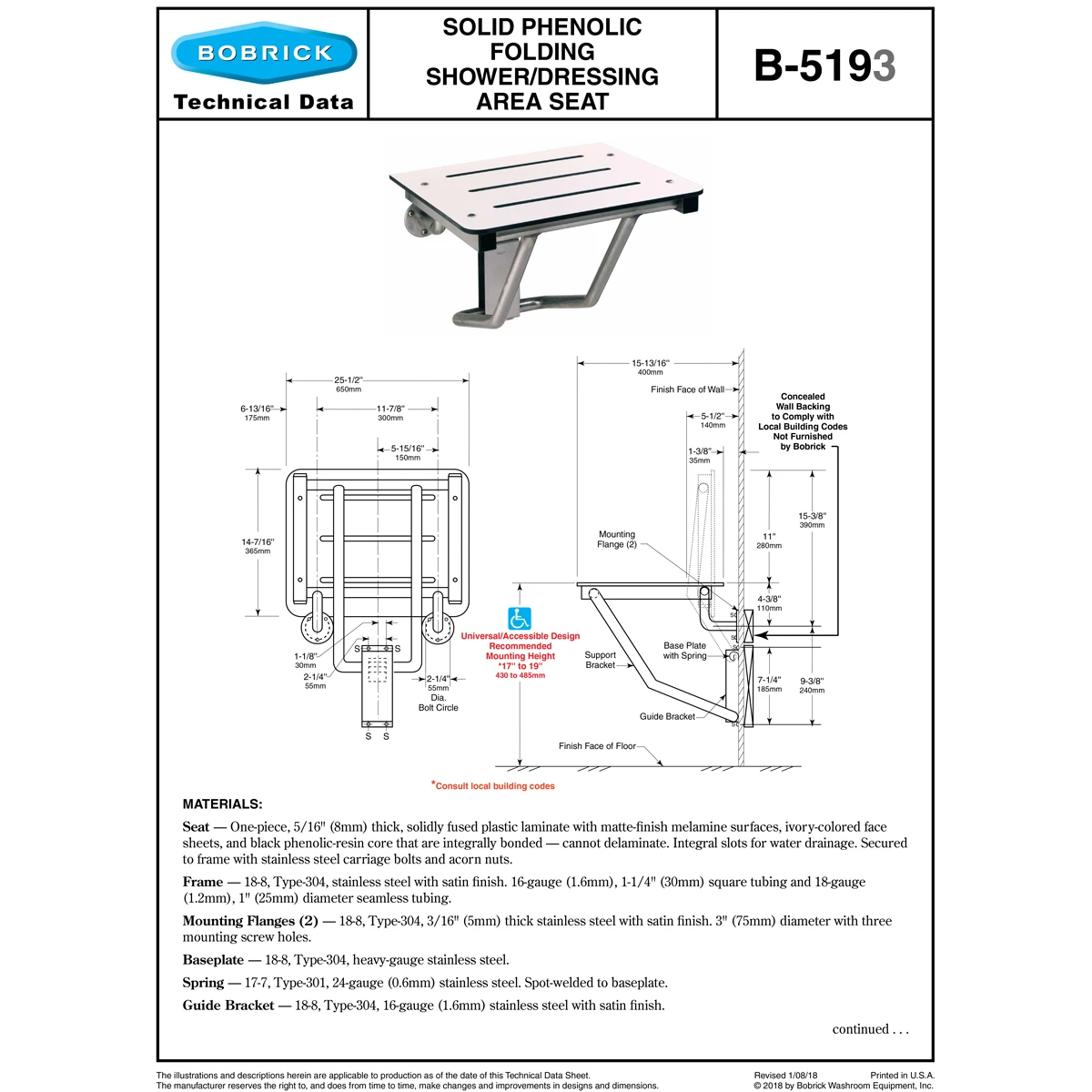 Bobrick B-5193 Commercial Folding Shower Seat, Surface-Mounted, Stainless Steel 5 Bobrick B-5193 Commercial Folding Shower Seat, Surface-Mounted, Stainless Steel - Image 3