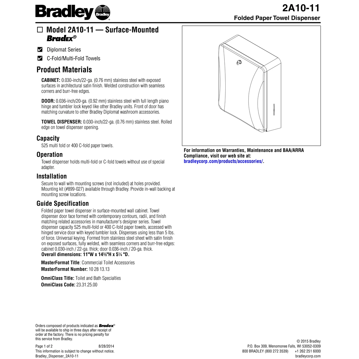 Bradley 2A10-11 Commercial Paper Towel Dispenser, Surface-Mounted, Stainless Steel 5 Bradley 2A10-11 Commercial Paper Towel Dispenser, Surface-Mounted, Stainless Steel - Image 3