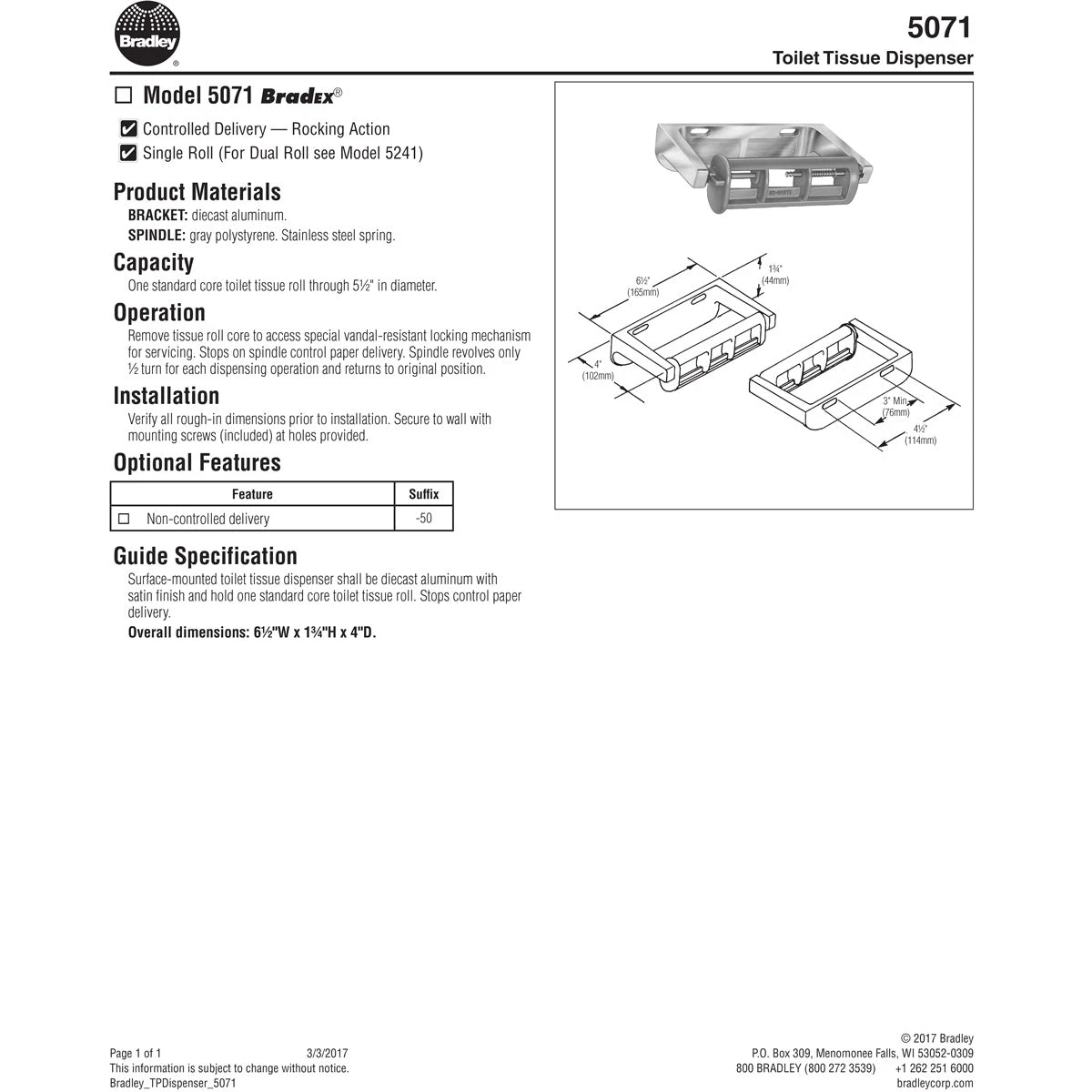 Bradley 5071-00 Commercial Toilet Paper Dispenser, Surface-Mounted, Stainless Steel W/ Satin Finish 5 Bradley 5071-00 Commercial Toilet Paper Dispenser, Surface-Mounted, Stainless Steel W/ Satin Finish - Image 3
