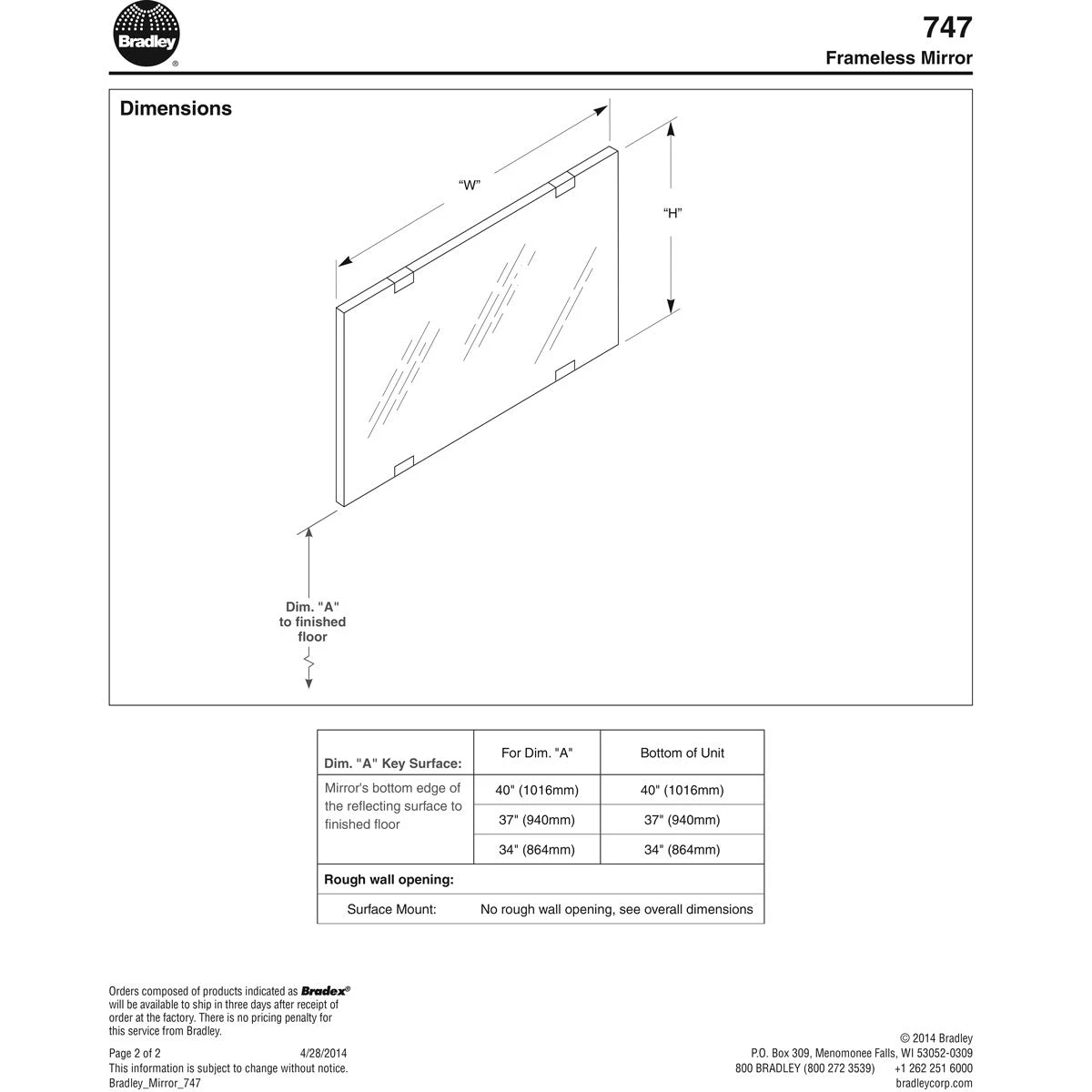 Bradley 747-024360 (24 X 36) Commercial Restroom Mirror, Frameless, 24" W X 36" H, Stainless Steel W/ Polished Finish 7 Bradley 747-024360 (24 X 36) Commercial Restroom Mirror, Frameless, 24" W X 36" H, Stainless Steel W/ Polished Finish - Image 5