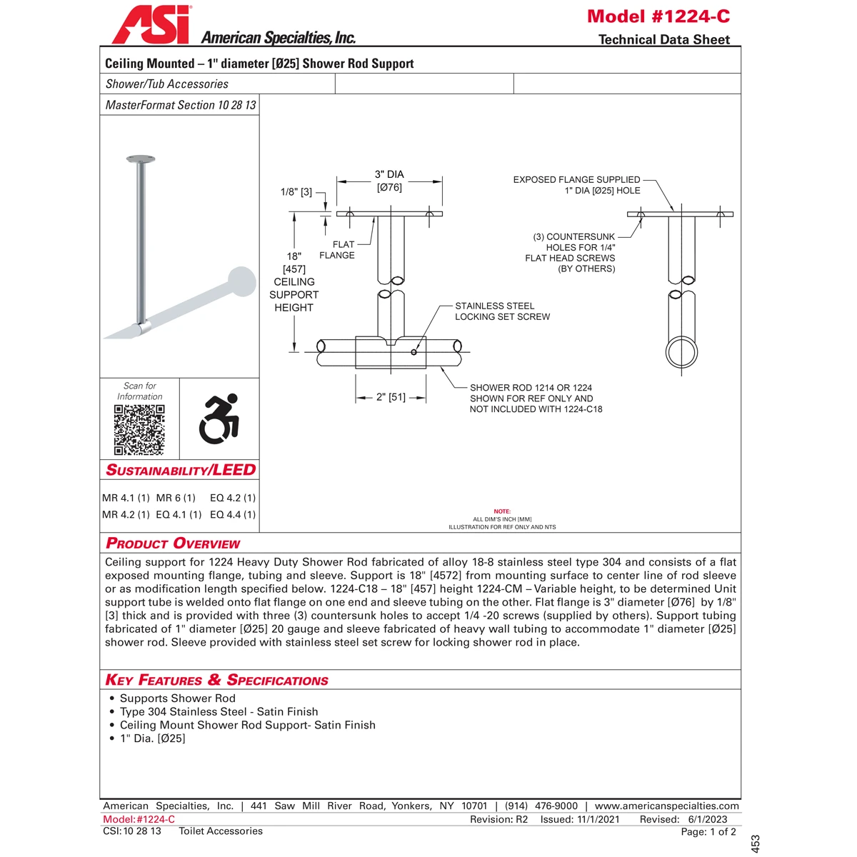 ASI 1224-C18 Heavy-Duty Shower Curtain Rod, 1" Diameter X 18" Length, Stainless Steel 5 ASI 1224-C18 Heavy-Duty Shower Curtain Rod, 1" Diameter X 18" Length, Stainless Steel - Image 3