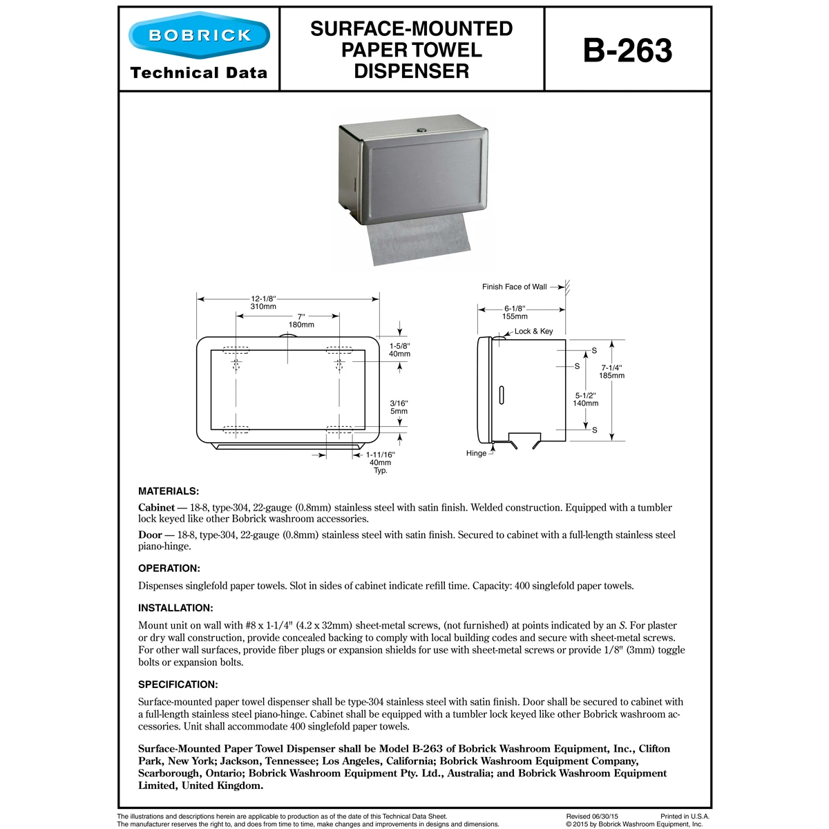 Bobrick B-263 Commercial Paper Towel Dispenser, Surface-Mounted, Stainless Steel 5 Bobrick B-263 Commercial Paper Towel Dispenser, Surface-Mounted, Stainless Steel - Image 3