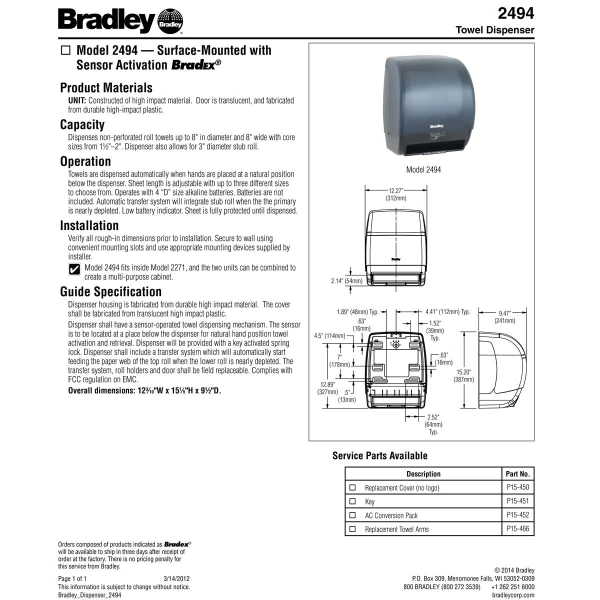 Bradley 2494 Commercial Paper Towel Dispenser, Surface-Mounted, Plastic 7 Bradley 2494 Commercial Paper Towel Dispenser, Surface-Mounted, Plastic - Image 5