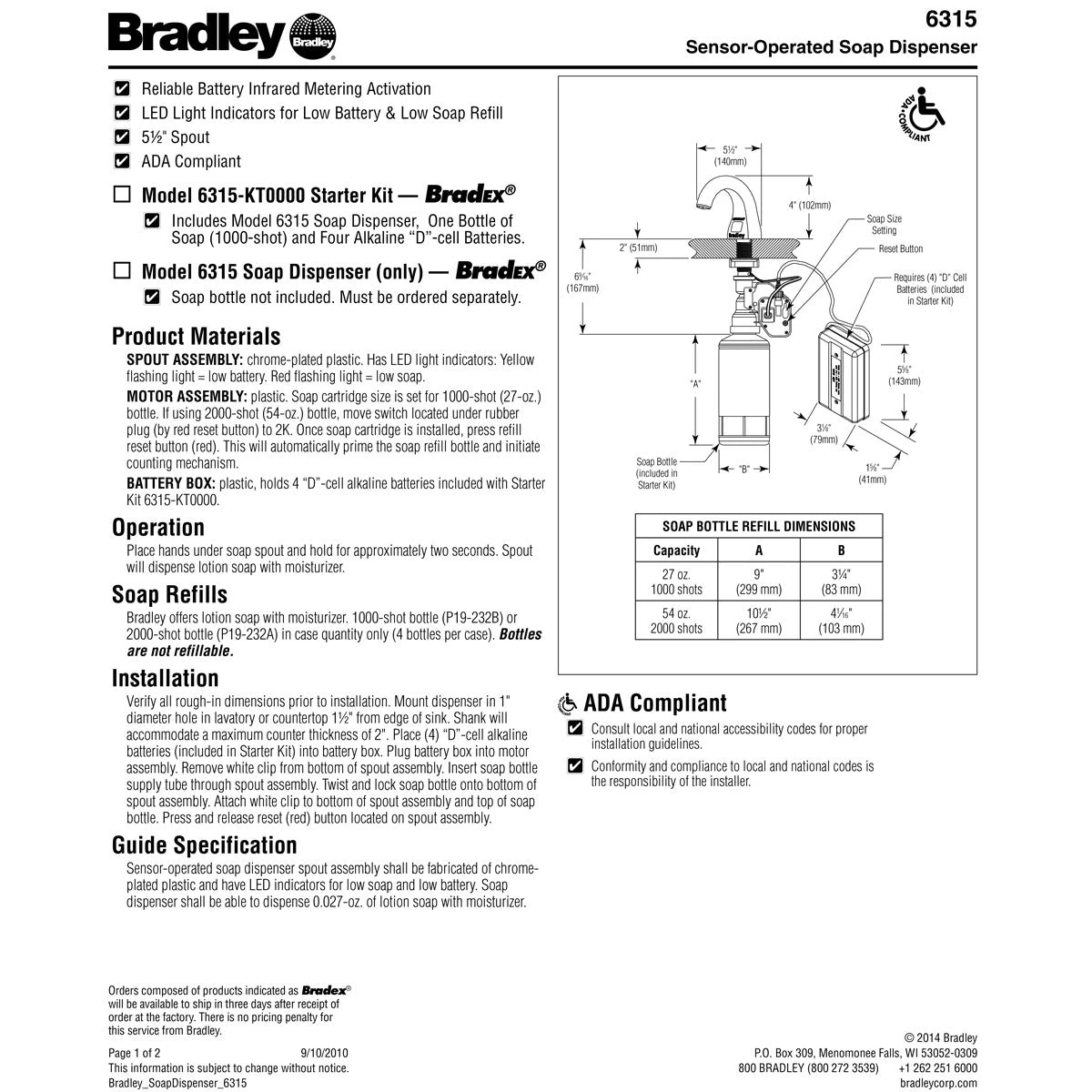 Bradley 6315-KT Hands Free Touchless Soap Dispenser Starter Kit 5 Bradley 6315-KT Hands Free Touchless Soap Dispenser Starter Kit - Image 3
