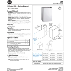 Bradley 355-00 Commercial Restroom Waste Receptacle, 20.6 Gallon, Surface-Mounted, 18" W X 23" H, 9" D, Stainless Steel -Alpine shop C1975892 td1