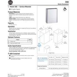 Bradley 356-00 Commercial Restroom Waste Receptacle, 12 Gallon, Surface-Mounted, 18" W X 23" H, 9" D, Stainless Steel -Alpine shop C1976108 m1