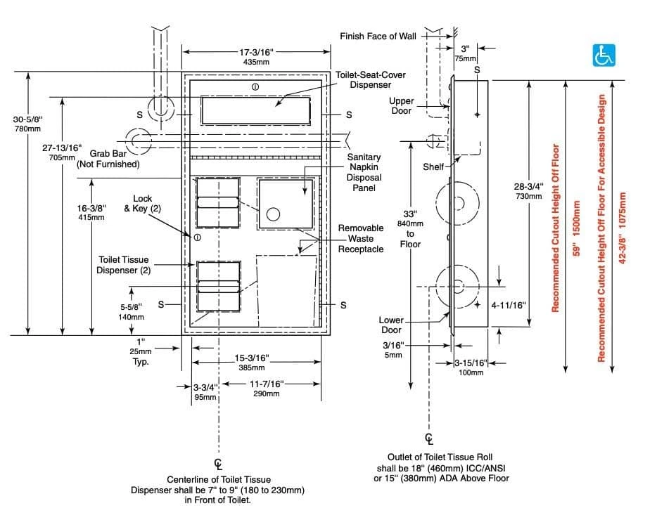Bobrick B-35745 Combination Commercial Seat-Cover/Sanitary Napkin/Toilet Paper Dispenser, Recessed-Mounted, Stainless Steel 8 Bobrick B-35745 Combination Commercial Seat-Cover/Sanitary Napkin/Toilet Paper Dispenser, Recessed-Mounted, Stainless Steel - Image 6