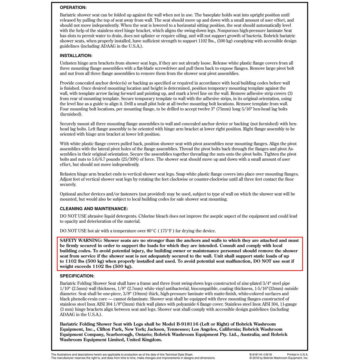 Bobrick B-918116L Bariatric Left-Handed Folding Shower Seat, 1102 Lb Load Capacity, Phenolic 6 Bobrick B-918116L Bariatric Left-Handed Folding Shower Seat, 1102 Lb Load Capacity, Phenolic - Image 4