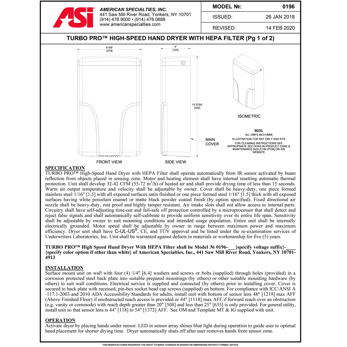 ASI 0196-2-93 Automatic Hand Dryer, 208-240 Volt, Surface-Mounted, Steel 5 ASI 0196-2-93 Automatic Hand Dryer, 208-240 Volt, Surface-Mounted, Steel - Image 3