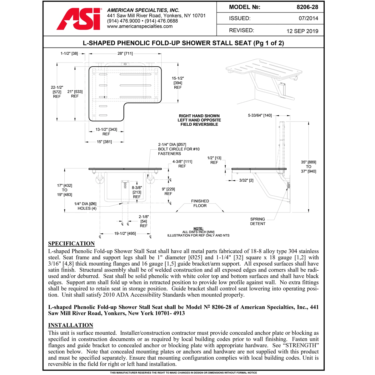 ASI 8206-L-28 Folding Shower Seat - L-Shaped, Left Hand, ADA - Solid Phenolic, White - 28"W 5 ASI 8206-L-28 Folding Shower Seat - L-Shaped, Left Hand, ADA - Solid Phenolic, White - 28"W - Image 3