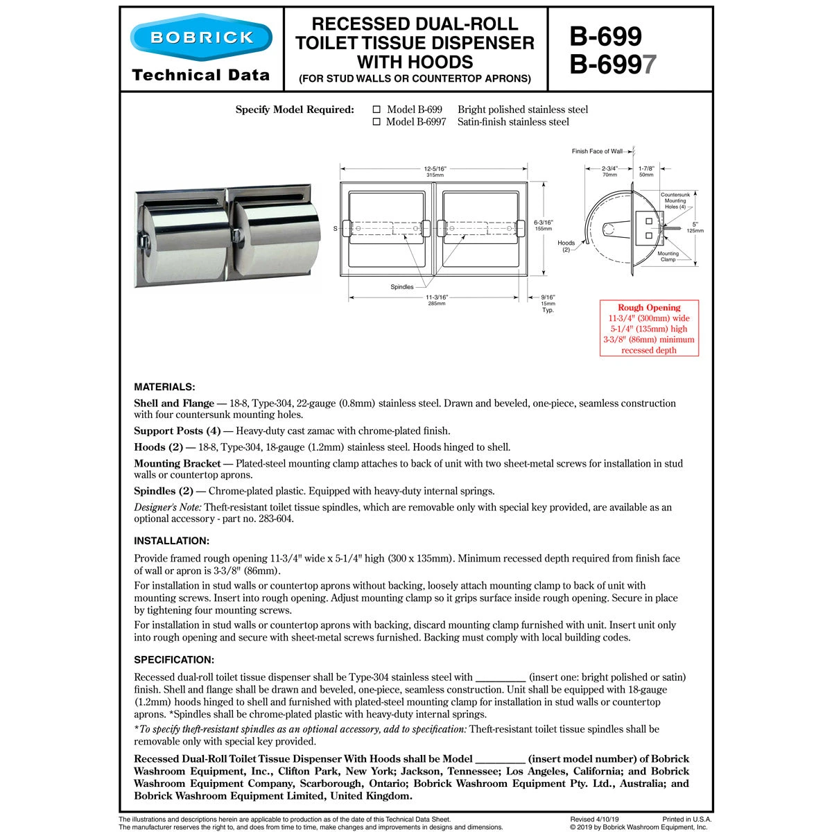 Bobrick B-699 Commercial Toilet Paper Dispenser W/ Hood, Recessed-Mounted, Stainless Steel W/ Bright-Polished Finish 4 Bobrick B-699 Commercial Toilet Paper Dispenser W/ Hood, Recessed-Mounted, Stainless Steel W/ Bright-Polished Finish - Image 2