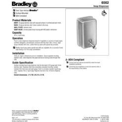 Bradley 6562 Commercial Liquid Soap Dispenser, Surface-Mounted, Manual-Push, Stainless Steel - 40 Oz -Alpine shop c1975976 image td1